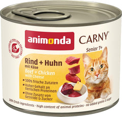 Animonda Carny Senior Hrană umedă pentru pisici cu vită + pui + brânză (6 x 200g), hrană umedă fără cereale și fără zahăr pentru pisici de 7 ani și peste, cu ingrediente proaspete și cărnoase