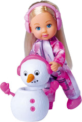 Simba 105733646 - Evi Love Snow, păpușă într-un costum drăguț de zăpadă cu un om de zăpadă construibil, 12 cm, vârste 3+
