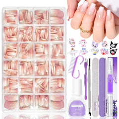 Set 420 de unghii false - Unghii tip balerina cu gel moale, acoperire completă, unghii artificiale cu gradient alb nud pentru lipire, unghii false pentru arta unghiilor (Ballerina White Nude)
