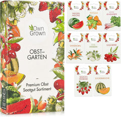 Set de semințe de fructe: Semințe premium de grădină cu 8 varietăți de plante fructifere pentru grădină și balcon – semințe de pepene verde, semințe de căpșuni, agrișe, rubarbă și multe altele – Set cadou cu semințe de fructe de la OwnGrown