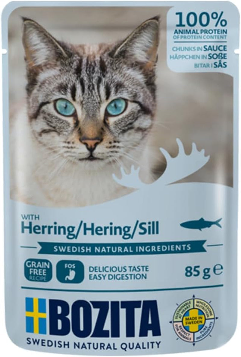 Bozita Pouch Mărunțișuri de hrană umedă în sos cu curcan - 12X85G Portion Pouch Hrană fără cereale și fără grâu pentru pisici - Hrană umedă pentru pisici adulte cu un conținut de 8,5% proteine și 4,5% grăsimi