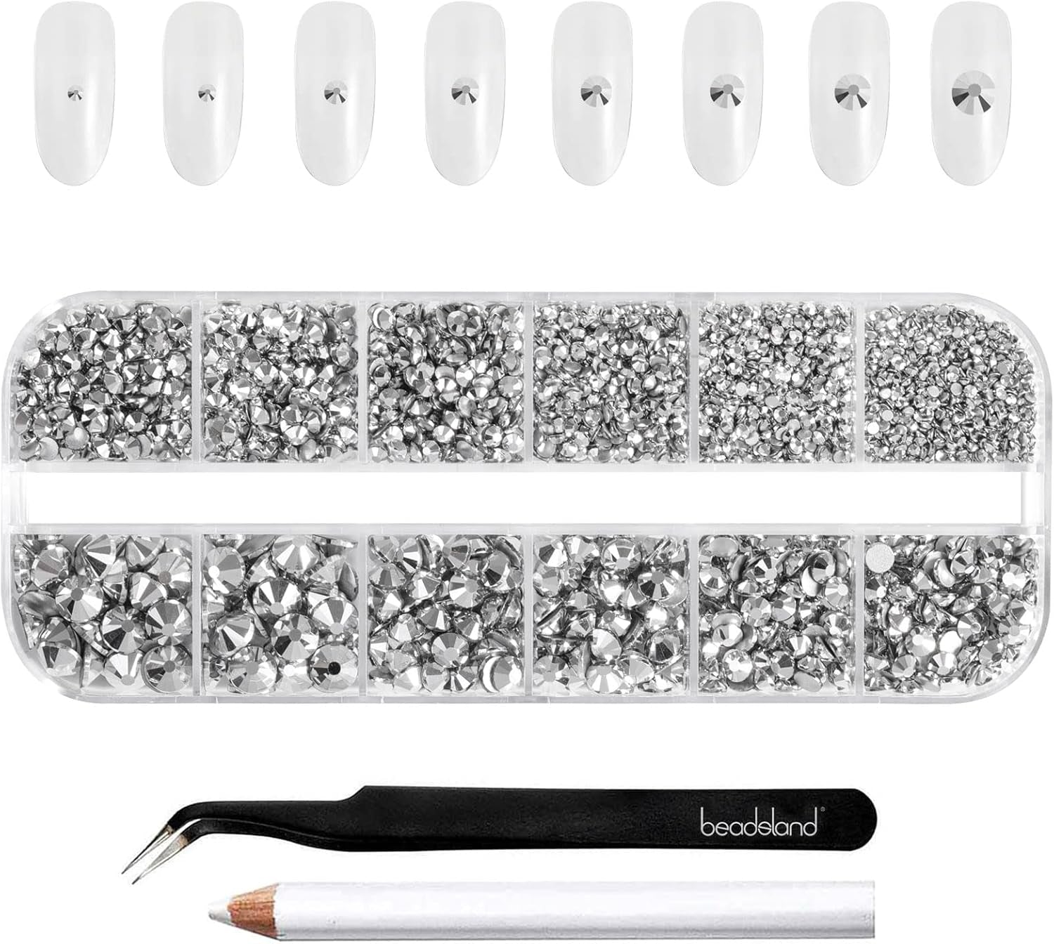 Beadsland 2500Pcs Glas Nailart Strasssteine Kristall Flatback Edelsteine Runde, Für Handwerk Gemischt 8 Größen SS4 ~ SS30 Mit Picking Pinzette Und Stift (Kristall Weiss)