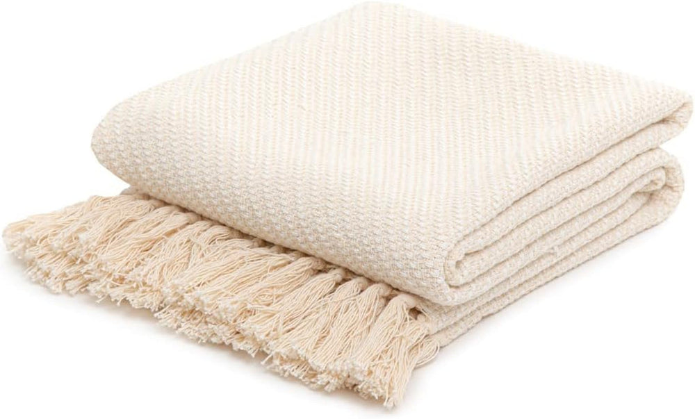 HOMLA Morris Plaid Pătură cu franjuri din bumbac - Pătură moale și confortabilă Pătură din bumbac - țesătură fină 130 X 170 Cm Ecru Paturi si Cuverturi Besuche den HOMLA-Store Ecru