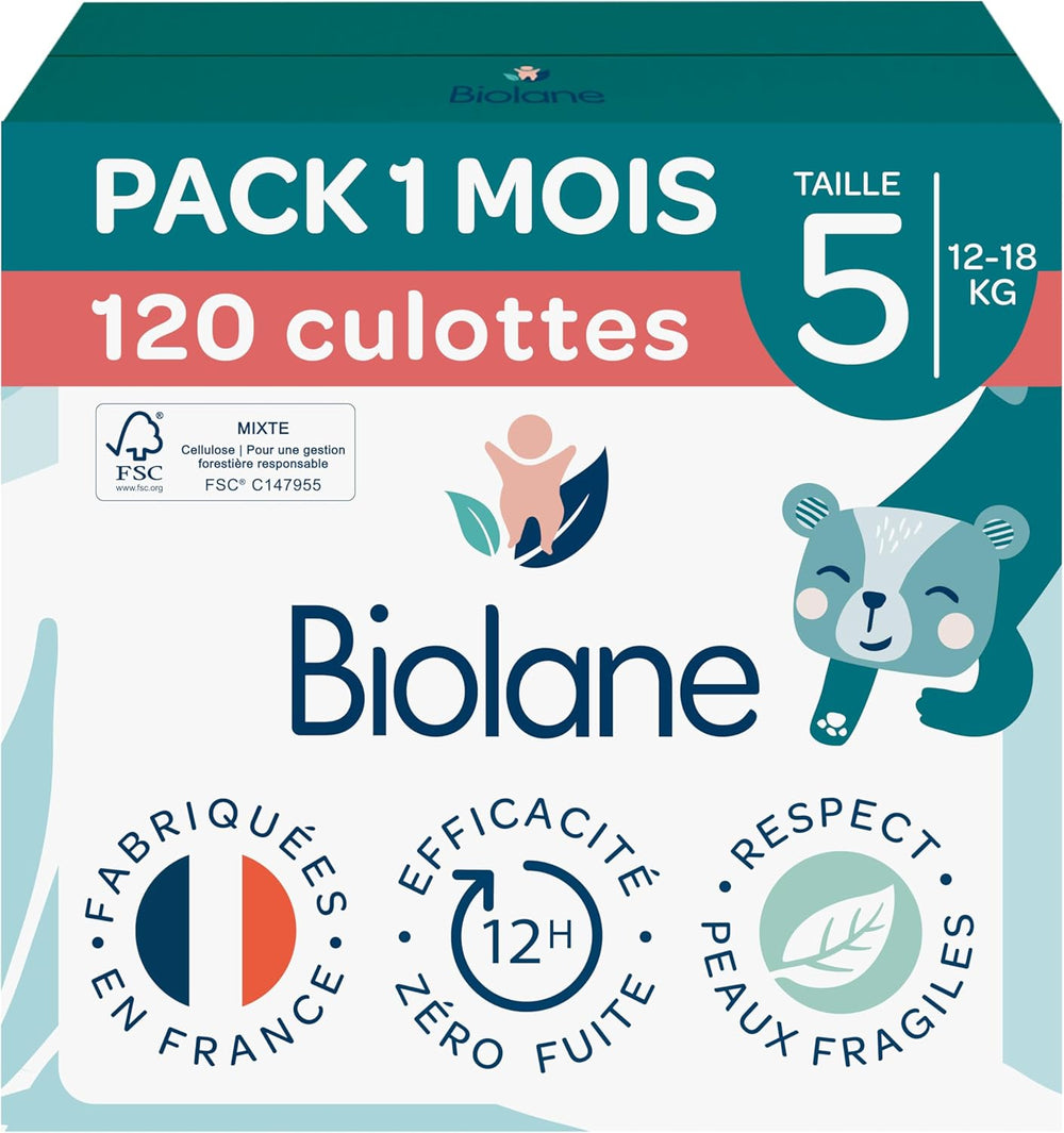 BIOLANE - Scutece scurte – Mărimea 5 (12-18 kg) – Etanșeitate 12 ore – Pachet pentru 1 lună – 120 scutece – ecologice