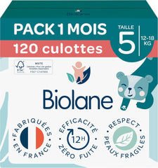 BIOLANE - Scutece scurte – Mărimea 5 (12-18 kg) – Etanșeitate 12 ore – Pachet pentru 1 lună – 120 scutece – ecologice