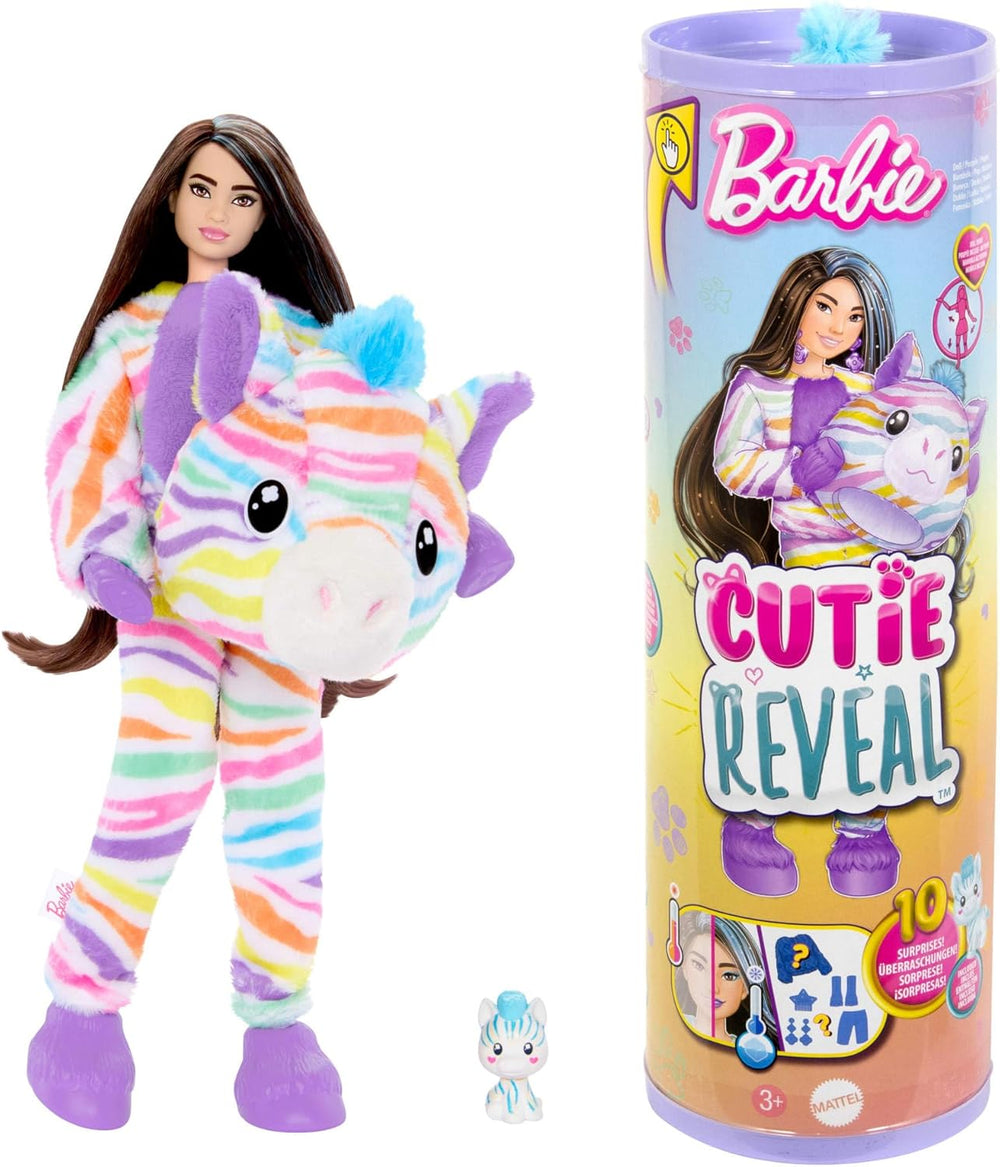 Păpușa Barbie Cutie Reveal și accesorii, costum de pluș zebră curcubeu și 10 surprize care își schimbă culoarea, gama Color Dream, HRK39