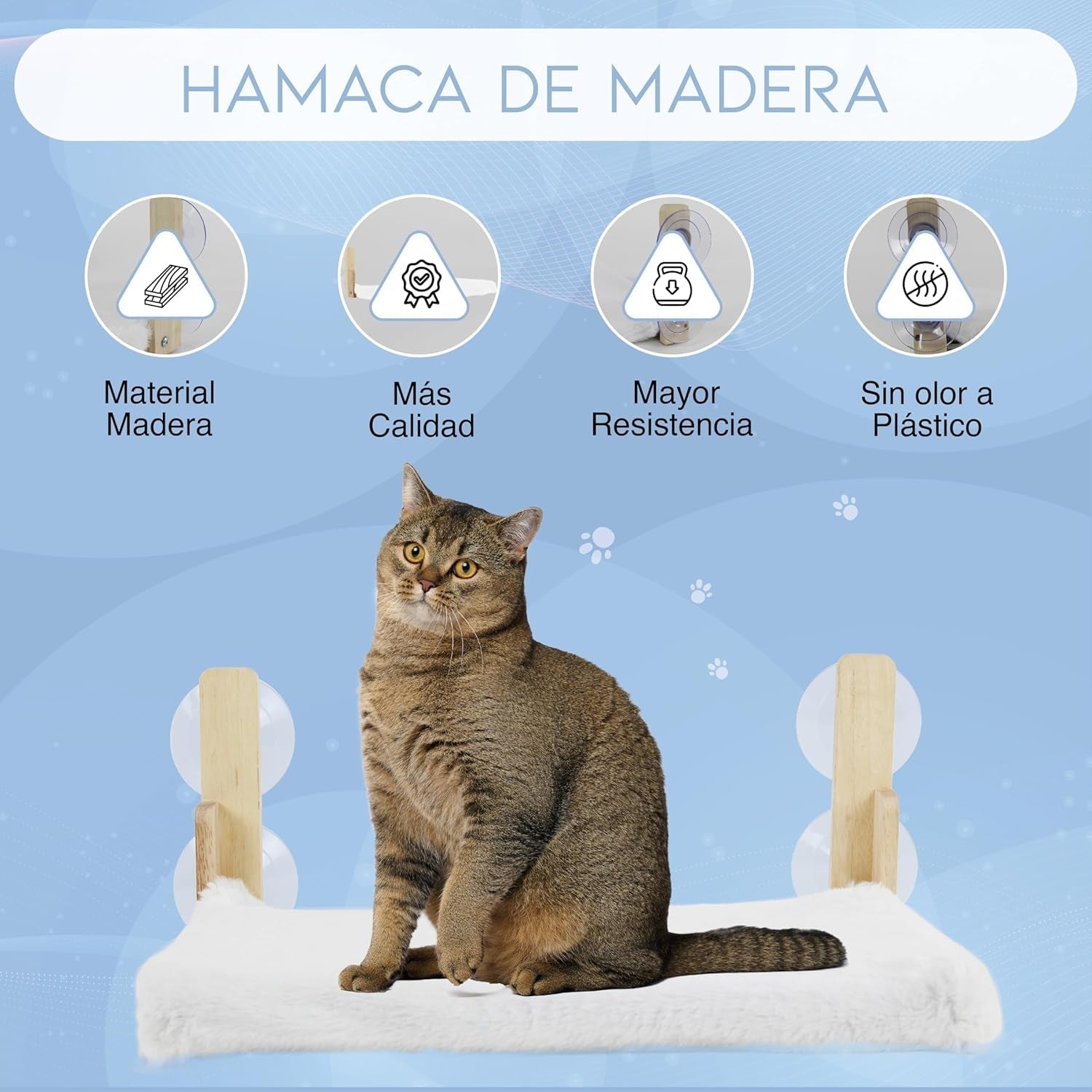 Hamac pentru pisici, fereastră, din lemn, pliabil, pat pentru pisici, pervaz, cu pătură reversibilă pentru iarnă și vară, hamac pentru pisici cu 4 ventuze, pat pentru pisici cu fereastră pentru pisici și