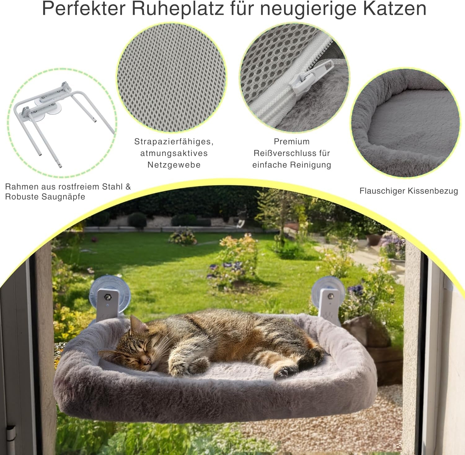 Șezlong pentru pisici – Șezlong robust pentru pisici cu pernă lavabilă | Hamac confortabil pentru ferestre de până la 18 kg | Pat pentru pisici care economisește spațiu și accesorii