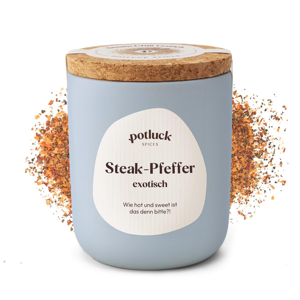 Potluck | Steak-Pfeffer exotisch | Gewürzzubereitung im Keramiktopf | 80g | Vegan, glutenfrei und mit natürlichen Inhaltsstoffen