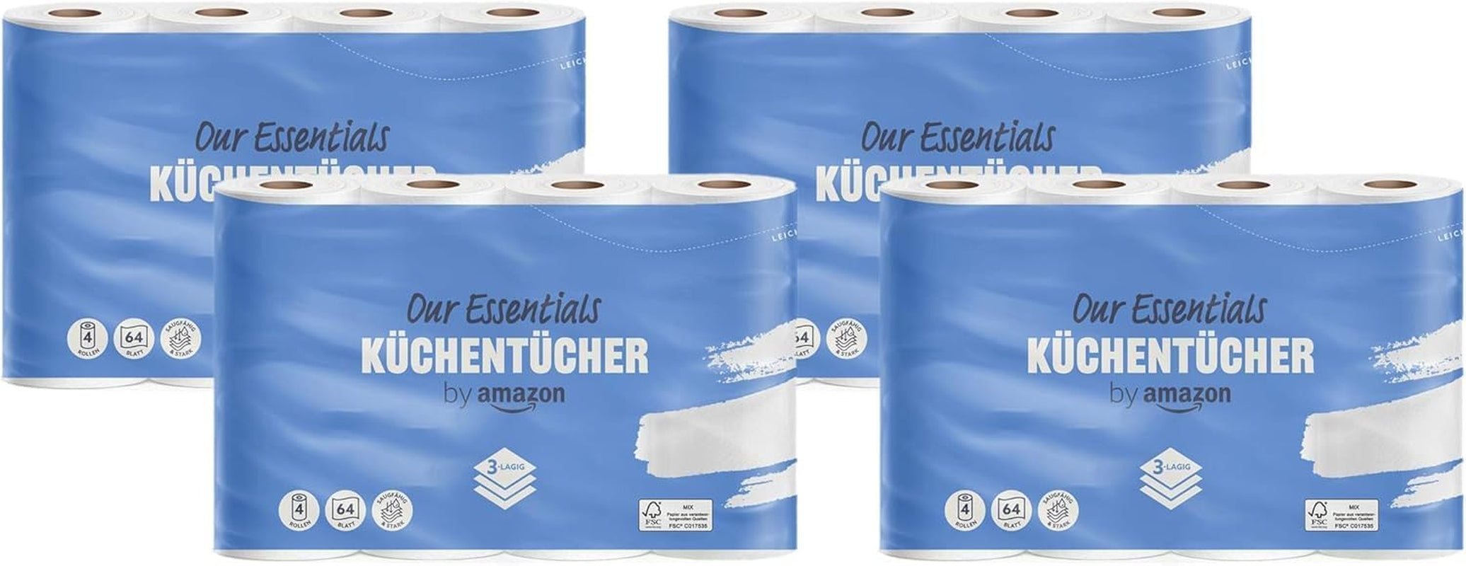 By Amazon Rolă de bucătărie, 3 straturi, 16 role (4 role, pachet de 4), 64 de foi pe rolă, certificată Fsc