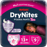 Scutece Huggies DryNites Nighttime pentru enurezis, pentru fete cu vârsta cuprinsă între 13 și aproximativ 17 ani (48-60 kg), 27 bucăți (3x9), pachet lunar, scutece-chiloți