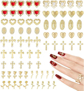 Talisane aurii pentru unghii, 80 de piese cu cruce, trandafir, inimă, pietre prețioase pentru unghii Fecioara Maria, accesorii pentru unghii din aliaj metalic pentru decorațiuni de design pentru manichiură, meșteșuguri DIY