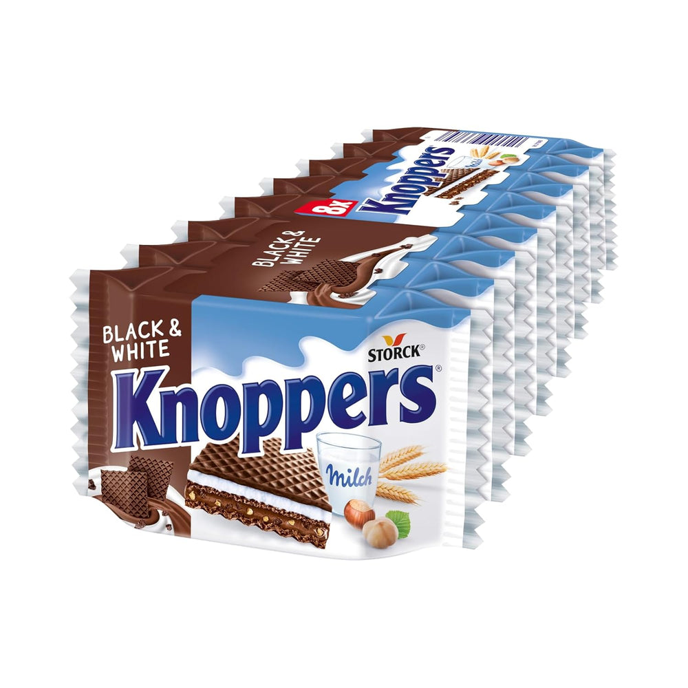 Knoppers Alb și Negru – 8 x 25 g – Felii de napolitană umplute cu napolitane cu cacao neagră, bucăți de biscuiți negri, lapte și cremă de nuga