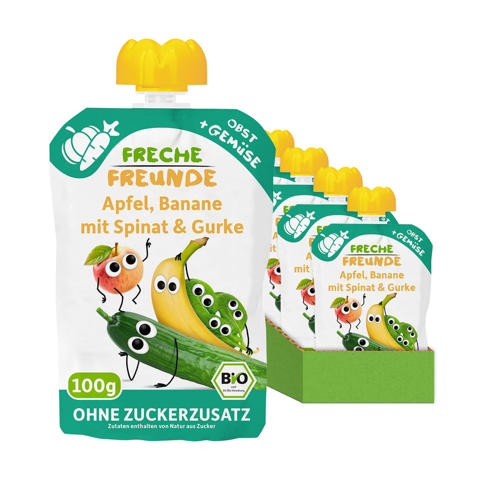 FRECHE FREUNDE Pungă de fructe bio, compresibilă, cu mere, banane, spanac și castravete, piure de fructe cu legume într-o pungă compresibilă pentru bebeluși de la 6 luni, vegan, pachet de 6 (6 x 100g)