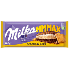 Milka Mmax Ciocolată și Biscuiți – Ciocolată cu lapte alpină cu umplutură de cremă de lapte și bucăți crocante de biscuiți – 300g