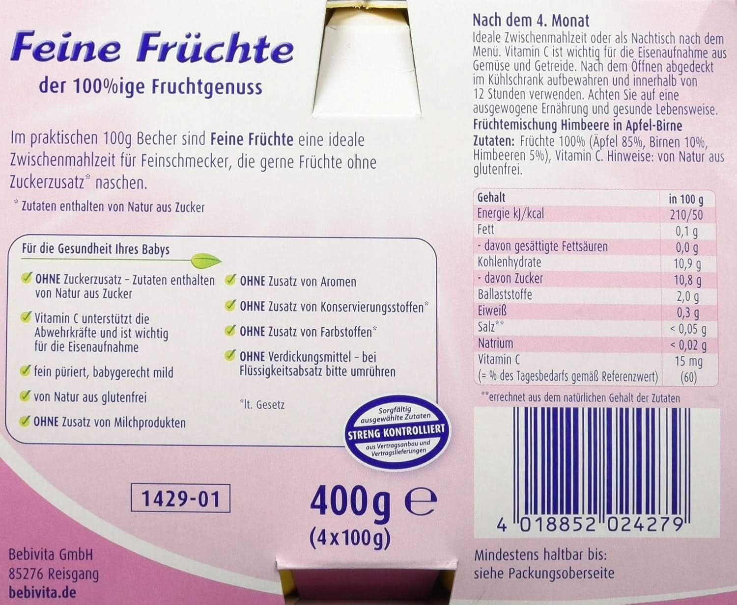 Fructe fine, zmeură în piure de măr-pere, pachet de 6 (6 x 4 x 100 g) Mama si Copilul Naty Shop
