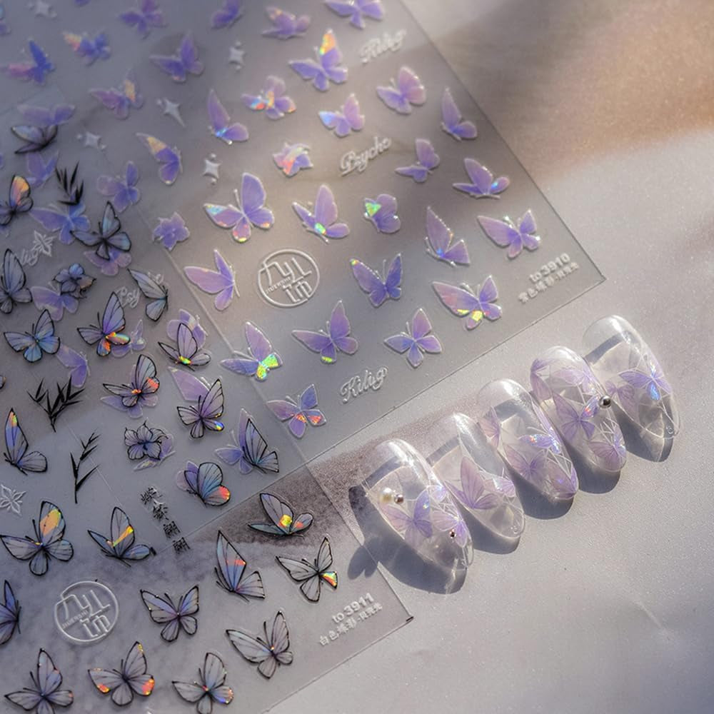 2 Blätter Schmetterling Nagelsticker Selbstklebend,Muschel Glitzer Nail Art Butterfly Nail Sticker Lila Grau Schmetterlinge Nagelaufkleber Relief Laser Butterflies Nagel Sticker Nageldesign Zubehör