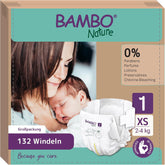 Scutece Bambo Nature pentru bebeluși, mărimea 1 (2-4 kg), cutie lunară de 132 bucăți | Scutece premium cu protecție îmbunătățită împotriva scurgerilor | Confort și libertate supreme pentru nou-născuți | Scutece testate dermatologic