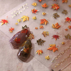 JMEOWIO 3D Nagelsticker Herbst Nail Art Sticker Selbstklebend Nagelaufkleber 5D Stereoskopisch Ahornblatt Erntedankfest Dekoration Nageldesign Zubehör 1 Blatt