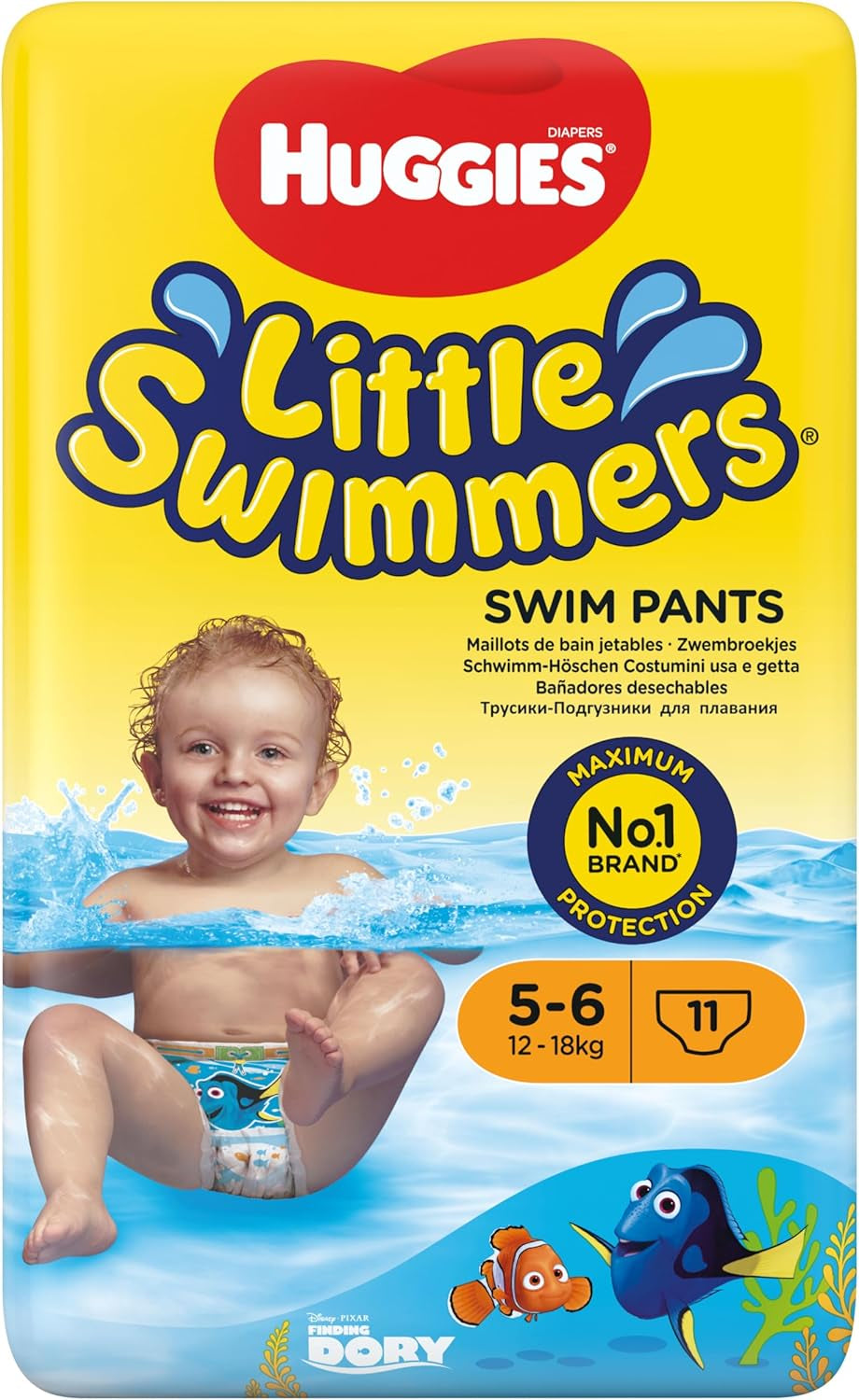 Scutece de înot de unică folosință Huggies Little Swimmers pentru bebeluși și copii, mărimea 5-6 (12-18 kg), 11 scutece de înot, unisex