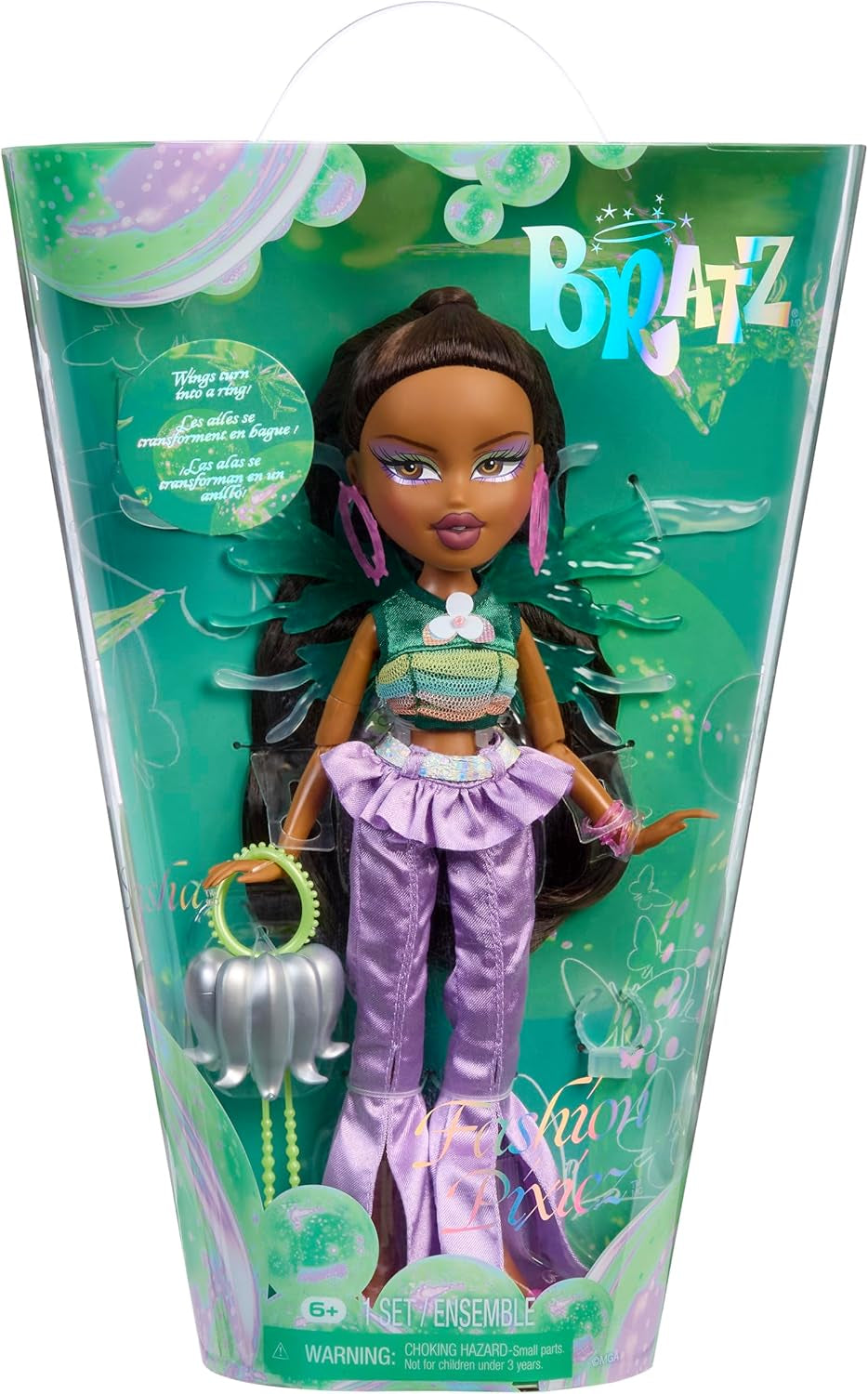 Păpușă Bratz Fashion Pixiez Sasha - Păpușă de colecție fantastică cu modă și accesorii reale, aripi care se transformă într-un inel