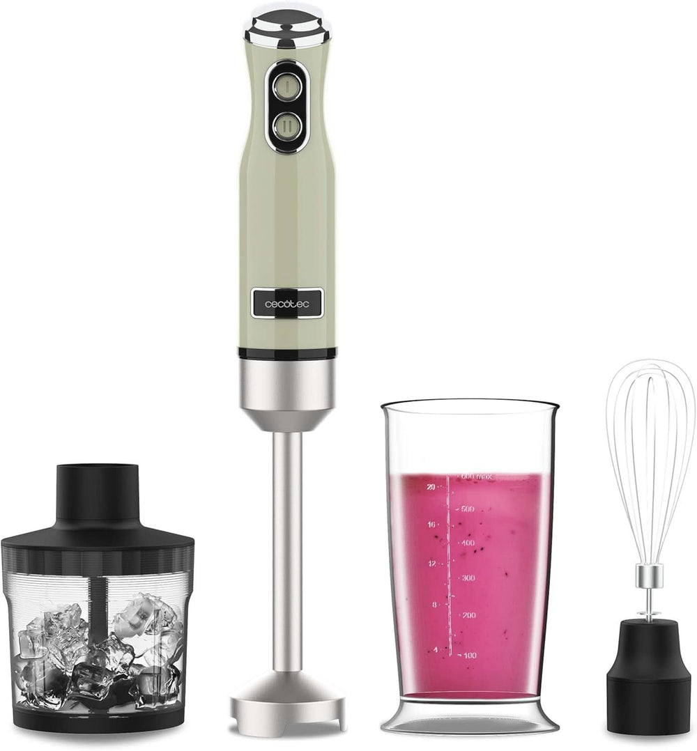 Cecotec Stabmixer Power Retrogreen 1200MAX Cream&Crush, Maximalleistung 1200 W, Crossblades-Technologie, 2 Geschwindigkeiten, Zubehörset Spülmaschinenfest, Spritzschutzhaube Bucatarie Naty Shop