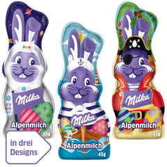 Milka Iepuraș Zâmbitor Ediție Alpine Milk Design – Ciocolată de Paște cu 3 modele diferite – 24 x 45g