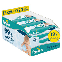 Șervețele umede Pampers 99% apă pentru bebeluși, 12 pachete a câte 60 de șervețele fiecare = 720 de șervețele umede pentru bebeluși, loțiune ușoară cu 99% apă