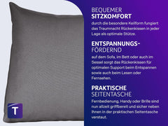 Pernă de citit Traumnacht Cozy Back Cushion, 70 x 40 cm gri închis, husă detașabilă și lavabilă din 100% poliester, buzunar lateral practic, certificată Oeko-Tex, produsă conform standardelor germane de calitate