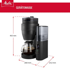 Melitta AromaFresh X – Espressor cu filtru, cu râșniță integrată, carafă de sticlă și funcție de temporizator, pentru până la 10 cești de cafea, negru/argintiu
