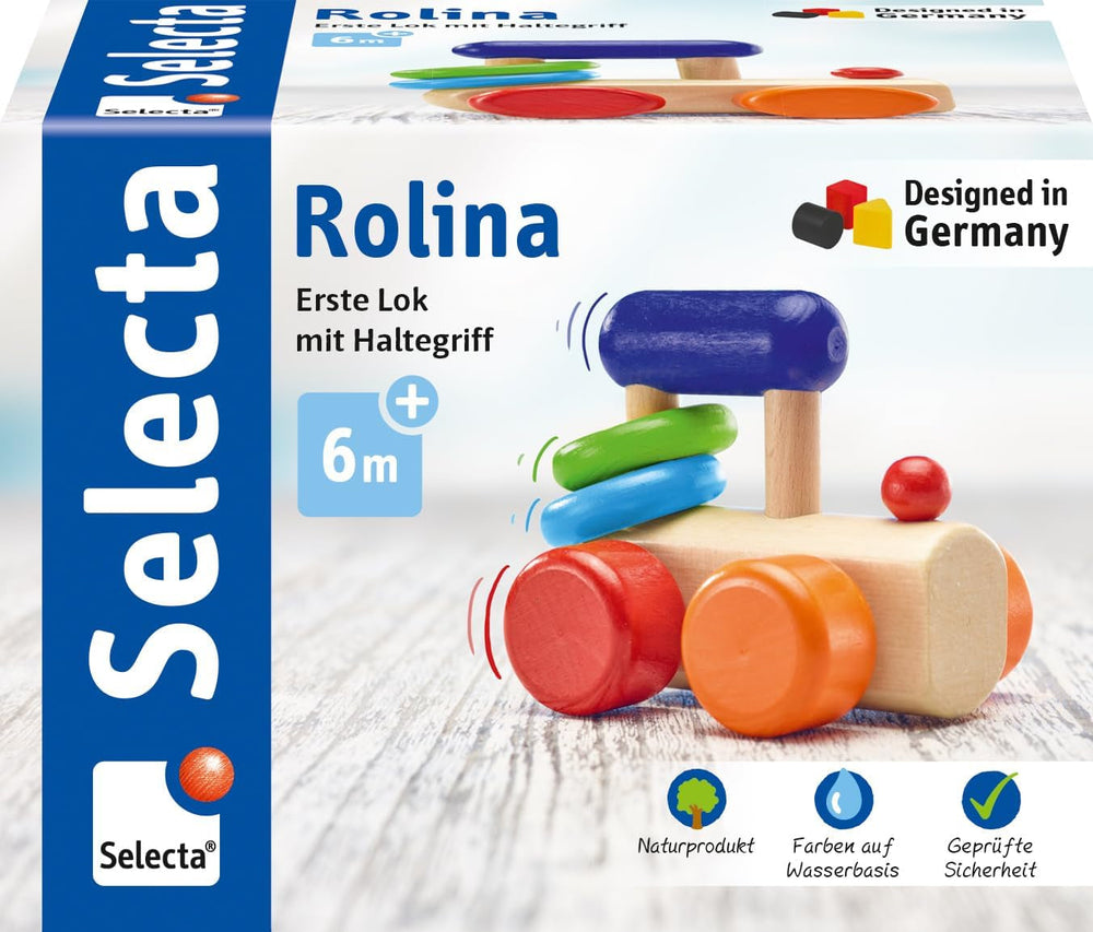 Jucărie de prins locomotivă Selecta, 8,5 cm, lemn, 6 luni - 3 ani, locomotivă cu inele zornăitoare Jucarii Bebe Naty Shop Titlu implicit