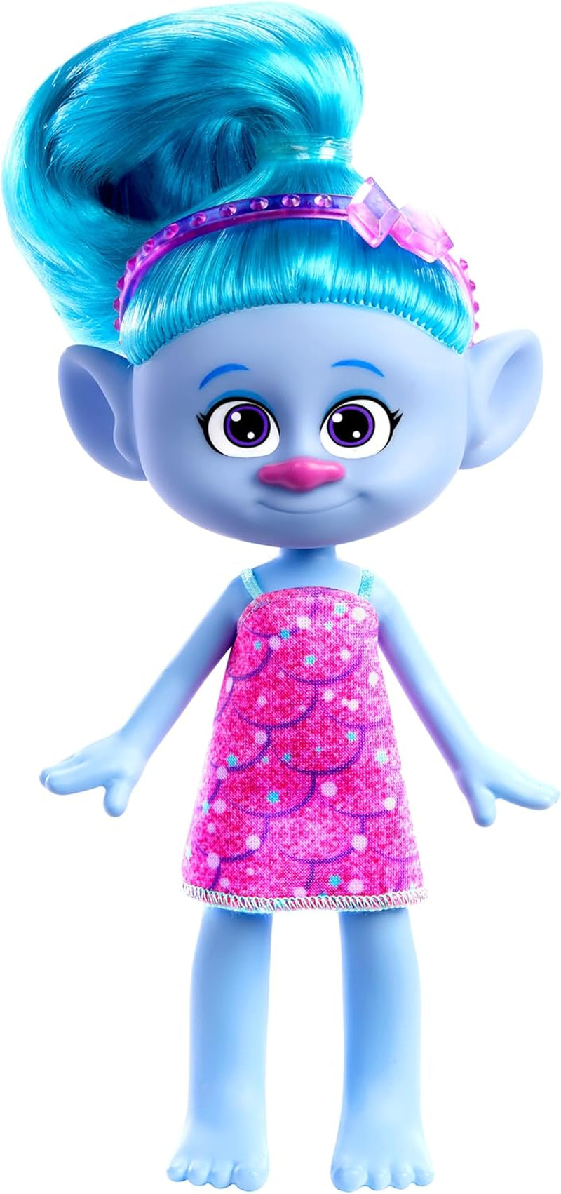Păpușă Mattel DREAMWORKS TROLLS United We Stand – Surprize Păroase Chenille cu păr albastru strălucitor, bentiță mov, pentru copii cu vârsta de 3 ani și peste, HNF15