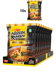 Nissin Ramen Premium - Shoyu Yuzu, pachet de 10 tăiței instant în stil japonez, uscați la aer, cu aromă de sos de soia yuzu și praz uscat (10 x 92,7 g)
