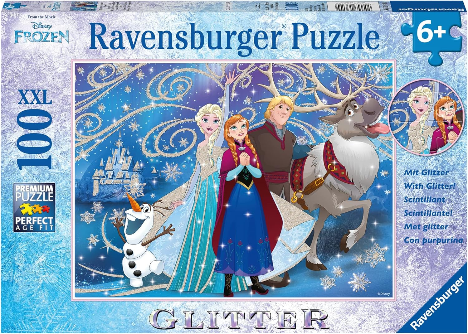 Ravensburger Puzzle pentru copii - 13610 Frozen - Zăpadă strălucitoare - Disney Frozen Puzzle pentru copii de la 6 ani, cu 100 de piese în format Xxl, cu sclipici Puzzle Naty Shop Desen animat