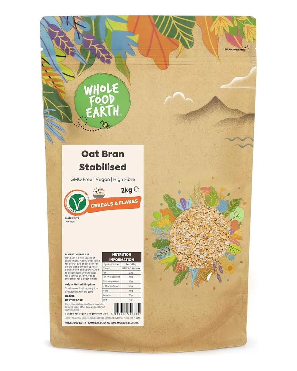 Tărâțe de ovăz Wholefood Earth stabilizate 2 kg | Fără OMG | Bogat în fibre
