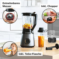 Bosch Standmixer Vitapower Serie 4 MMB6177S, Edelstahl-Klingen Made in Germany, 1,5L Thermosafe Glasbehälter, 0,6L To-Go-Flasche, Stopfer, Universalzerkleinerer, 30,000 U/Min, 1200 W, Silber Bucatarie Naty Shop