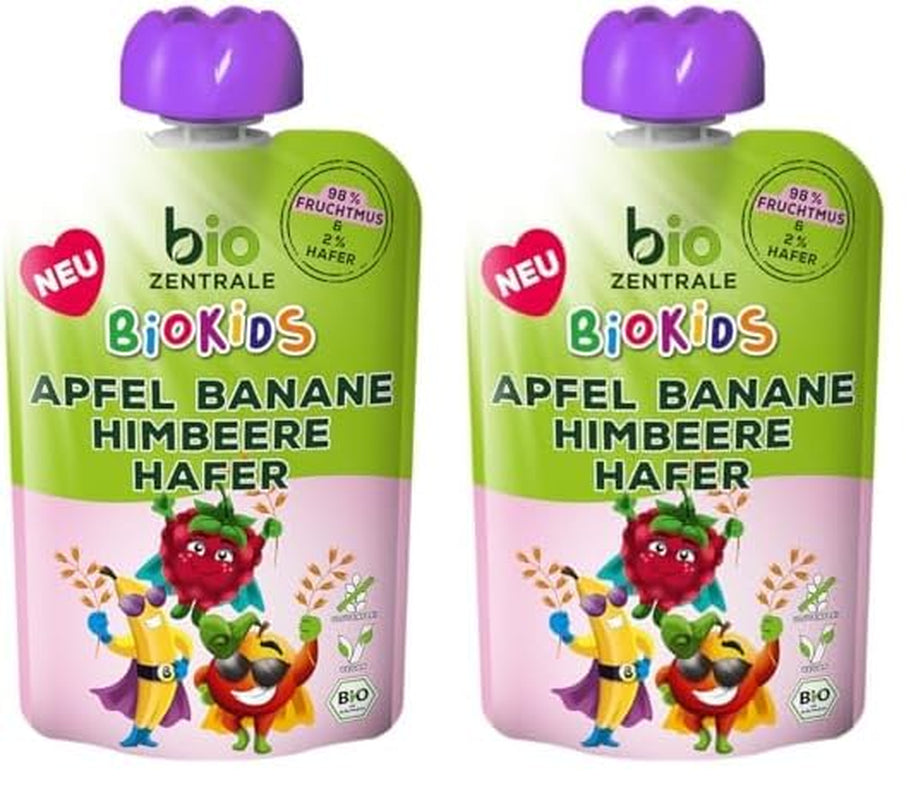 biozentrale BioKids Piure de fructe Măr Banană Zmeură Ovăz | 12 x 90g | Gustare fructată fără zahăr adăugat | Vegan (Pachet de 2)
