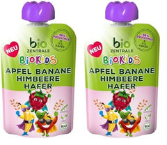 biozentrale BioKids Piure de fructe Măr Banană Zmeură Ovăz | 12 x 90g | Gustare fructată fără zahăr adăugat | Vegan (Pachet de 2)