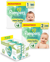 Set Harmonie Aqua Baby cu scutece mărimea 1 (2-5 kg, 180 bucăți), mărimea 2 (4-8 kg, 240 bucăți), cutie de jumătate de lună și șervețele umede Aqua Baby, 720 șervețele (15 x 48), kit de început pentru bebeluși