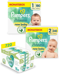 Set Harmonie Aqua Baby cu scutece mărimea 1 (2-5 kg, 180 bucăți), mărimea 2 (4-8 kg, 240 bucăți), cutie de jumătate de lună și șervețele umede Aqua Baby, 720 șervețele (15 x 48), kit de început pentru bebeluși