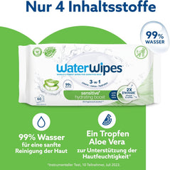Șervețele umede WaterWipes Sensitive+ Hydrating Boost, șervețele hidratante, 360 bucăți (6 pachete), 3 în 1 curăță, îngrijește, hidratează, 99% apă cu aloe vera, șervețele umede fără parfum pentru bebeluși