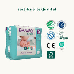 Scutece Bambo Nature pentru bebeluși, mărimea 0 (1-3 kg), 144 buc., cutie lunară | Scutece premium cu protecție îmbunătățită împotriva scurgerilor | Confort și libertate supreme pentru nou-născuți | Scutece testate dermatologic