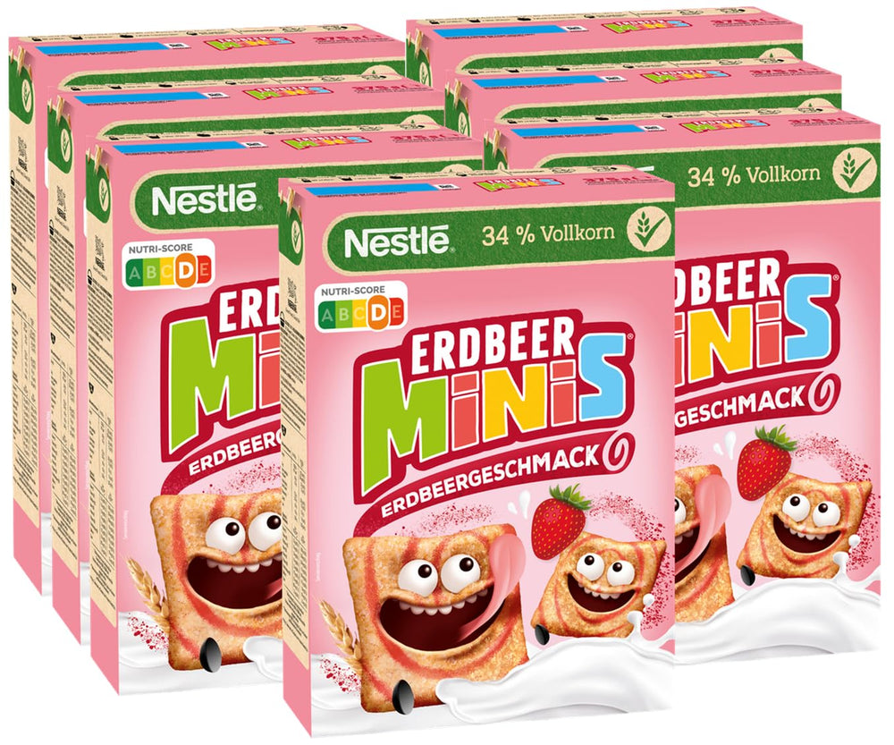 Nestlé Strawberry Minis, Cereale integrale cu aromă de căpșuni, pachet de 7 (7x375g)