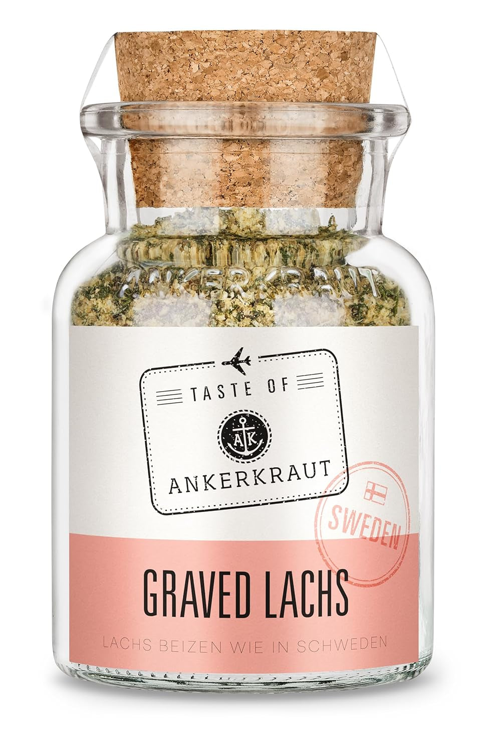 Ankerkraut Graved Lachs (Schweden), Mischung würzender Zutaten für Fisch, schwedischer Graved Lachs, 120 g im Korkenglas