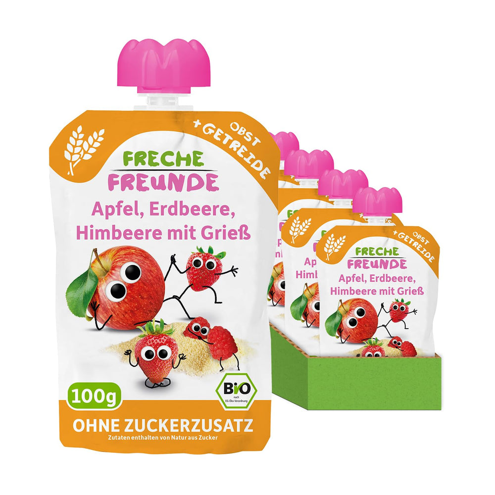 FRECHE FREUNDE Bio Quetschie Apfel, Erdbeere, Himbeere mit Grieß, Fruchtmus mit Getreide im Quetschbeutel für Babys ab dem 6. Monat, vegan, 6er Pack (6 x 100g)