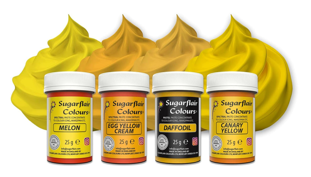 Coloranți alimentari pentru paste Sugarflair, galben, set de 4, coloranți alimentari pentru paste, fondant, marțipan, pastă de zahăr, cremă de unt și multe altele: narcisă, galben canar, galben ou cremă, pepene galben - set de 4