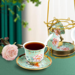 Set de ceai din ceramică cu suport metalic, set de ceai din porțelan cu 20 de piese cu motiv floral vintage, set de ceai în stil european pentru 6 persoane, ceașcă de ceai din ceramică de 160 ml, ceainic de 700 ml, pentru petreceri