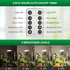 Lampă LED SANSI pentru plante cu spectru complet, 125W, cu lumină reglabilă, cu telecomandă pentru creșterea plantelor, înălțime reglabilă 120-180cm, temporizator 4/8/12 ore, 4 niveluri de luminozitate