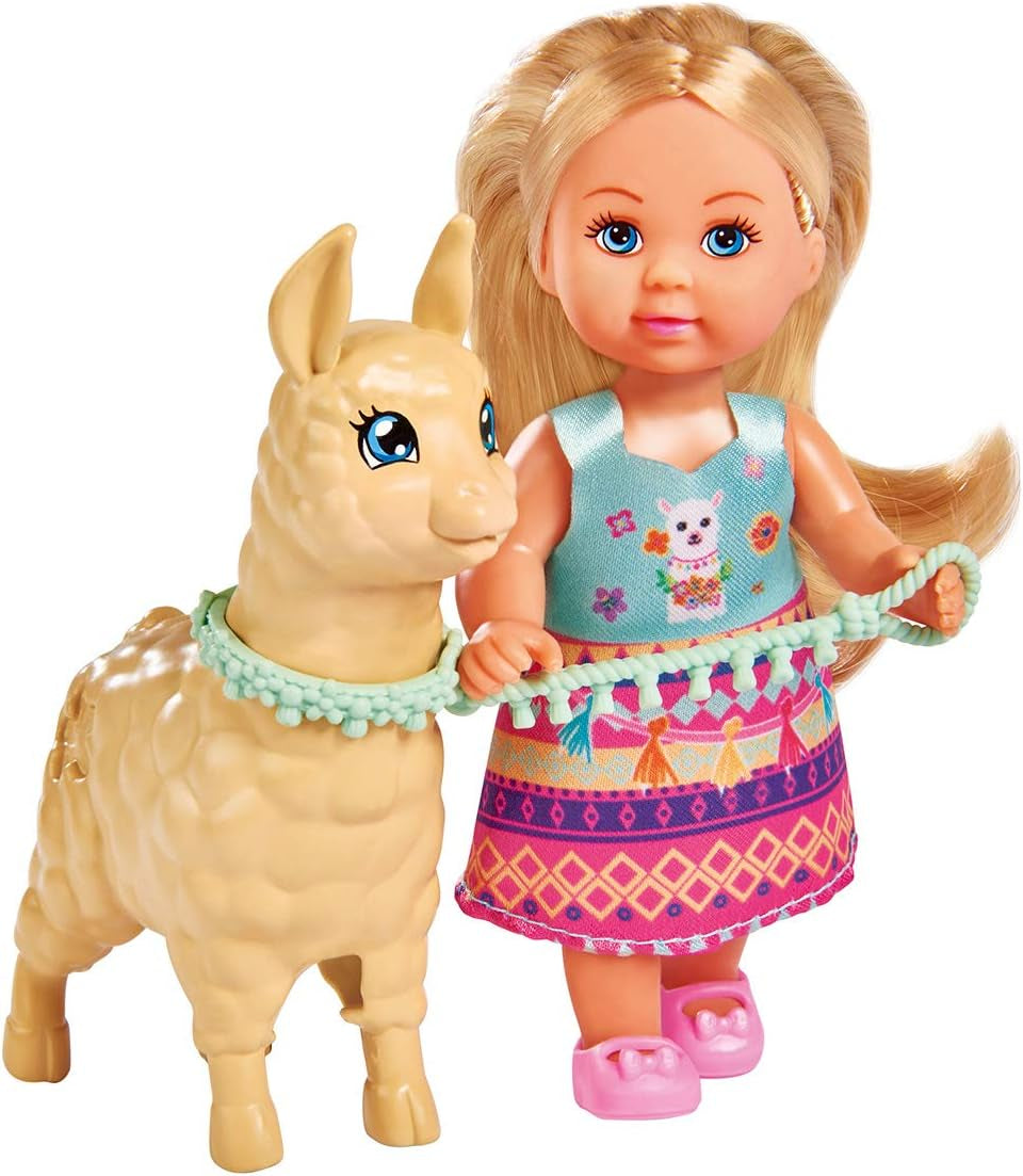 Simba 105733497 - Păpușa Evi Love într-o ținută drăguță cu alpaca și lesă, 12 cm, Pentru copii cu vârsta de 3 ani și peste