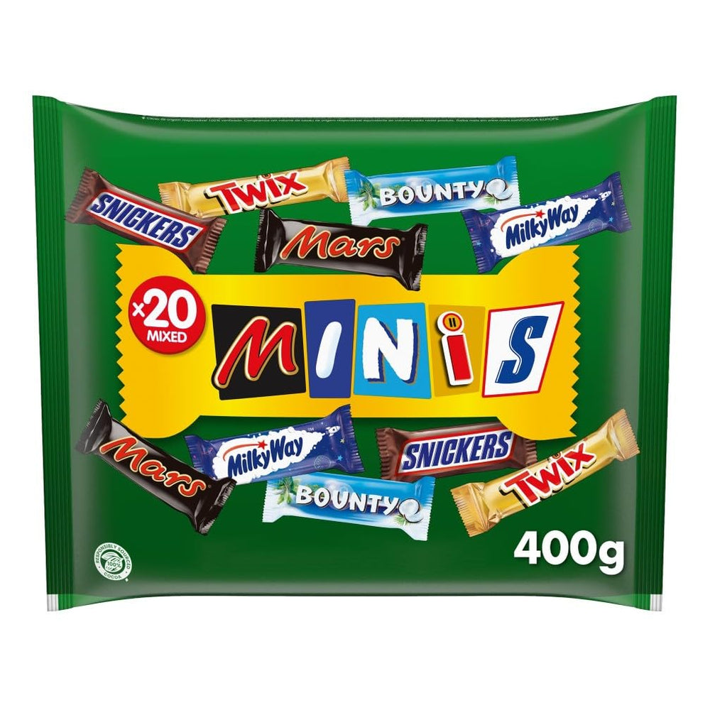Pachet vrac cu mini ciocolată mixtă, 20 de mini gustări de ciocolată (Mars, Snickers, Bounty, Twix, Milky Way), ca bomboane, cadou de ciocolată, cutie de bomboane, 400g